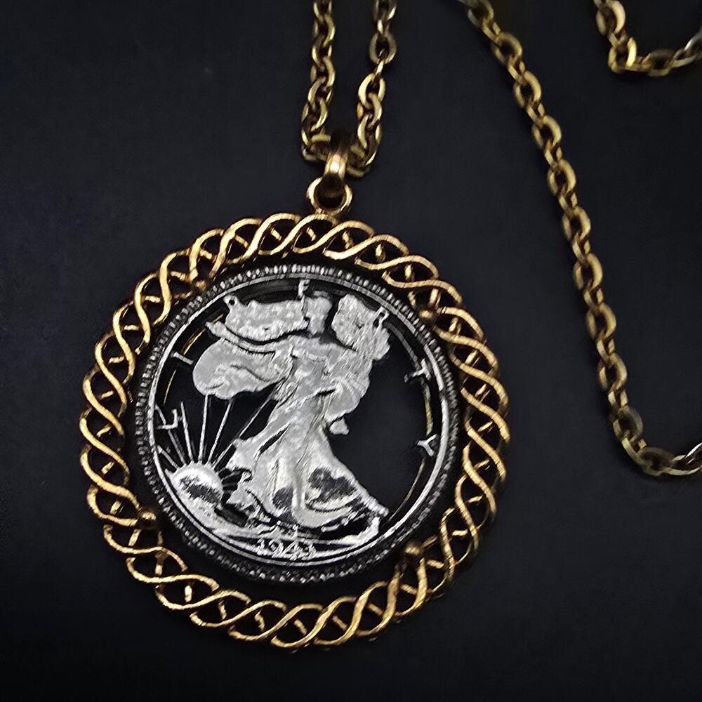 1943 Walking Lady Liberty Cut Coin Pendant Necklace Vintage Currency